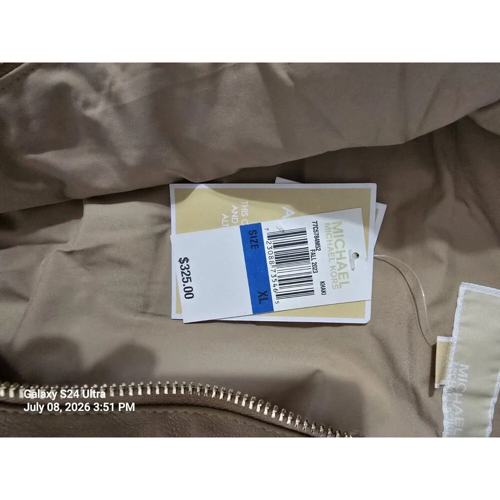 MICHAEL Kors Beige Quilted Hooded Puffer Jacket, Belted  Gold HardwarE NWT XL